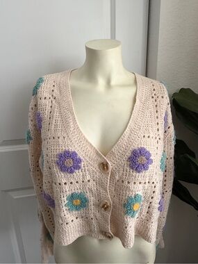 SO Crochet Knit Flower Cardigan Sweater Cream Boho Chunky Floral Small